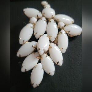 Vintage Marquise Cut White Milk Glass Stone Brooch.